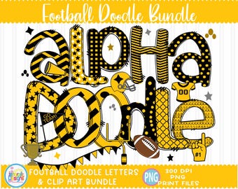 Football Doodle Letters png Gold and Black Hand Drawn alpha pack clip art Alphabet A - Z and Numbers Set Sublimate Design Printable png Font