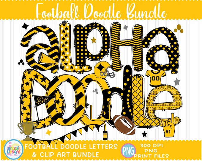 Football Doodle Letters png Gold and Black Hand Drawn alpha pack clip art Alphabet A - Z and Numbers Set Sublimate Design Printable png Font
