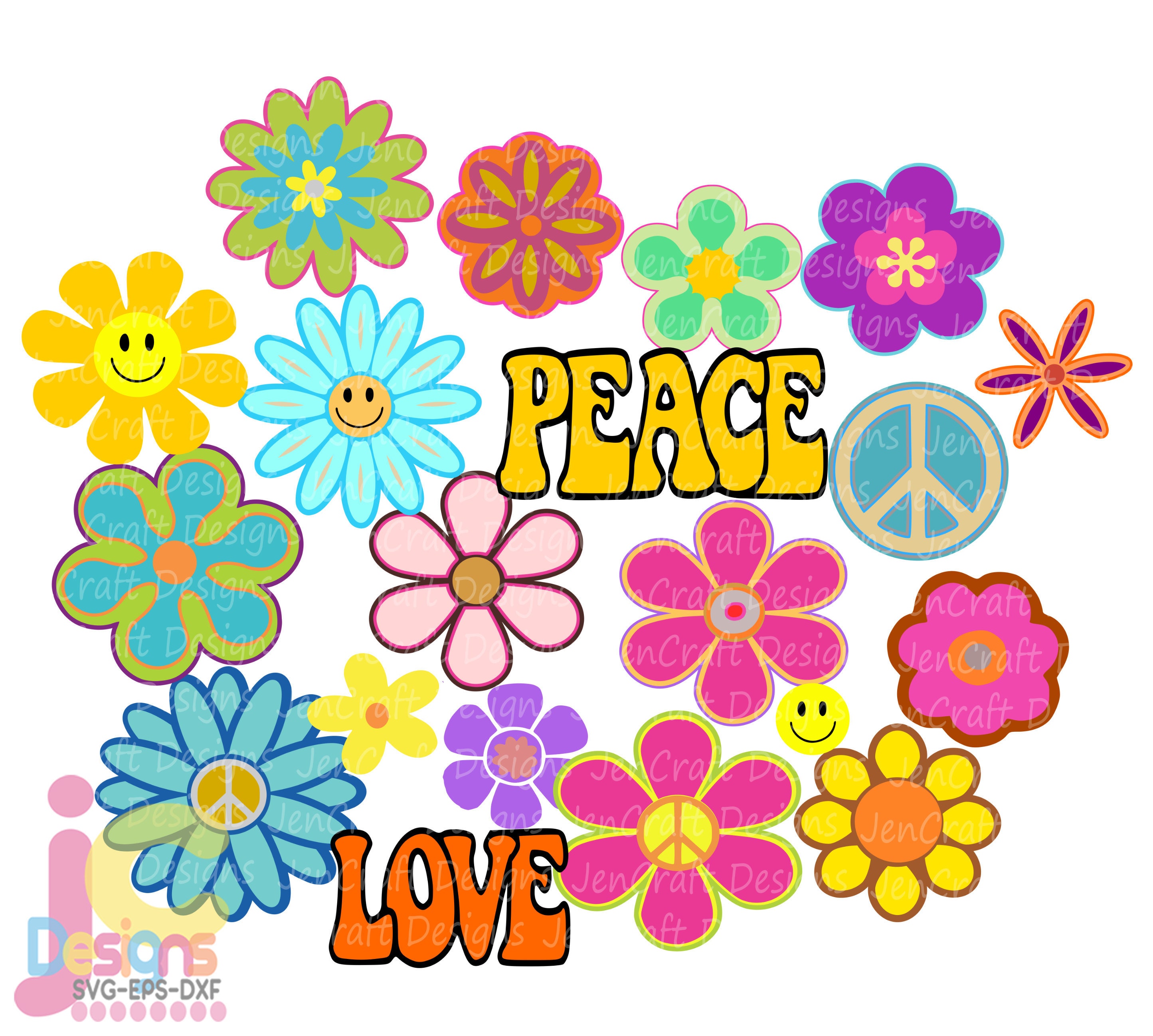 Hippie Svg, Groovy Flowers svg, 60s-70s Retro Peace Love Flower child
