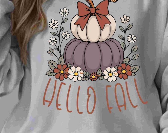 Hello Fall Floral Fall Pumpkin SVG, Autumn Stacked Pumpkins, Thanksgiving Trendy Floral Leaves Fall Sublimation Design Cut Files Png Eps Dxf