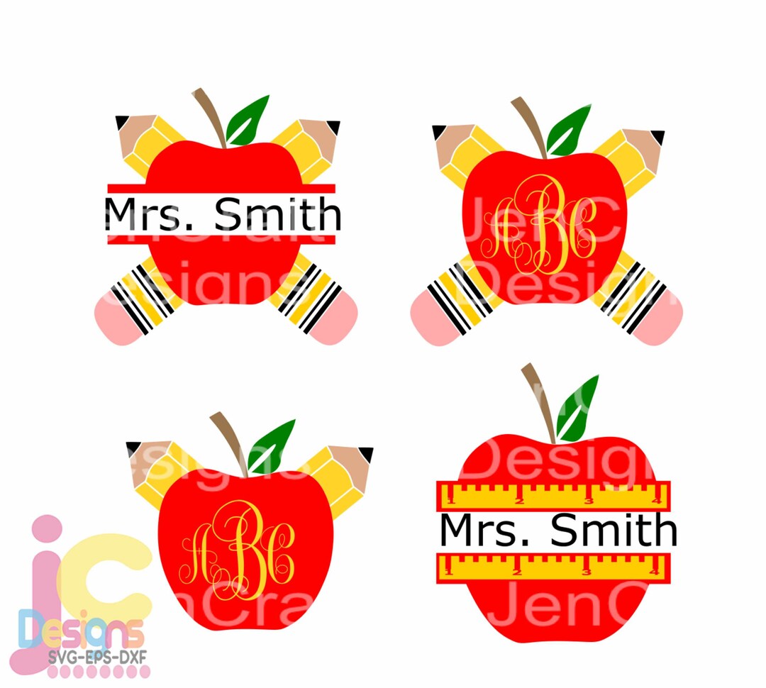 School Svg, Pencil Apple Teacher Monogram SVG Frames, School Svg Cut ...
