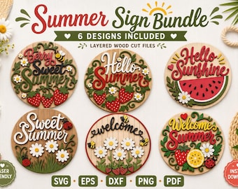 Summer Door Sign SVG, Hello Summer Door Hanger Laser Cut File, Round Flower Butterfly Welcome Sign, Glowforge xTool DXF EPS Png Pdf