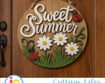 Sweet Summer Door Sign SVG, Daisy Ladybug Round Door Hanger Laser Cut File, Summer Porch Sign, Glowforge xTool DXF EPS Png Pdf