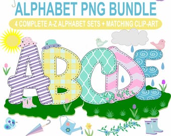 Spring Doodle Letters Alphabet PNG Bundle, Pastel Faux Applique (Digital Download)