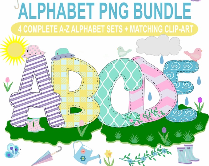 Spring Doodle Letters Alphabet PNG Bundle, Pastel Faux Applique (Digital Download)