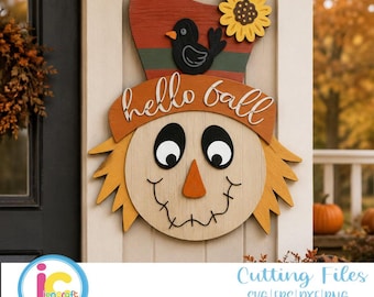 Scarecrow Face SVG: Hello Fall Door Hanger Cut File (Glowforge File)
