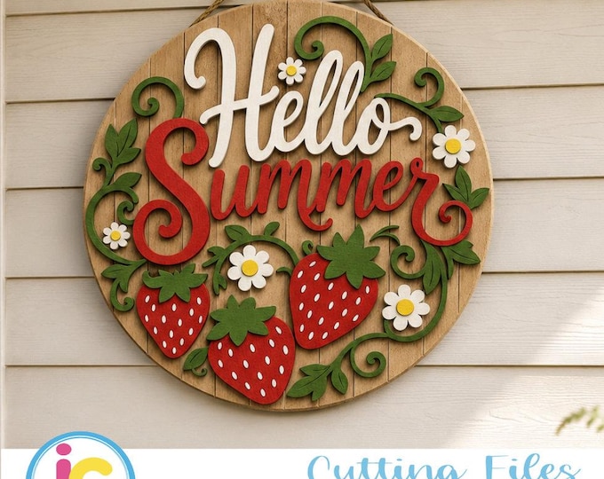 Hello Summer Door Sign SVG, Strawberry Daisy Round Door Hanger Laser Cut File, Summer Porch Sign, Glowforge xTool DXF EPS Png Pdf