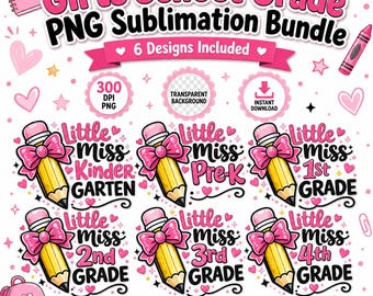Back to School Girl PNG Bundle: Pre-K to 4th Grade Pencil Sublimation Designs