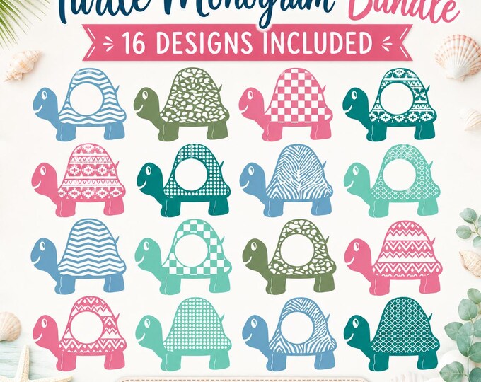 Turtle Monogram SVG Bundle, Sea Turtle Frame Cut Files, Kids Summer Beach SVG, Cricut Silhouette PNG Dxf Eps