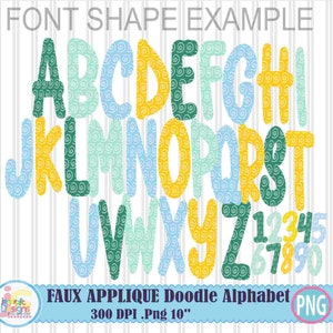 May include: A colourful alphabet and number set with a faux applique design. The letters and numbers are in various colours, including green, yellow, and blue, with a swirly pattern. The image also includes the text "FONT SHAPE EXAMPLE" and "FAUX APPLIQUE Doodle Alphabet".