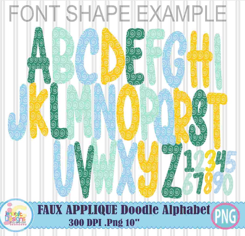 May include: A colourful alphabet and number set with a faux applique design. The letters and numbers are in various colours, including green, yellow, and blue, with a swirly pattern. The image also includes the text "FONT SHAPE EXAMPLE" and "FAUX APPLIQUE Doodle Alphabet".