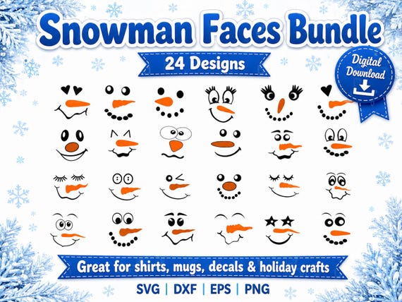 Snowman Face SVG Bundle, Cute Christmas Snowman Faces, Winter Cut Files for Cricut Silhouette