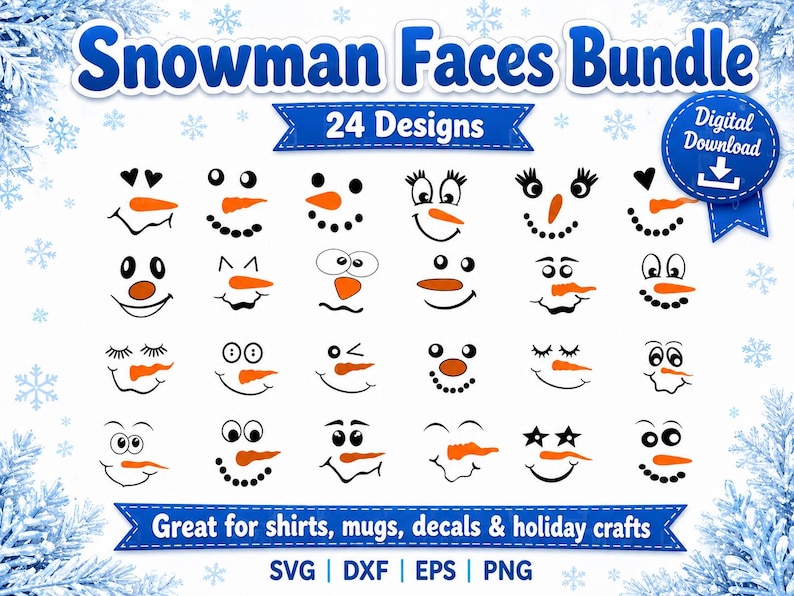 May include: A digital download bundle featuring 24 unique snowman face designs. Each face consists of black eyes, mouths, and eyebrows with an orange carrot nose. The text reads Snowman Faces Bundle, 24 Designs, Digital Download, and SVG DXF EPS PNG.