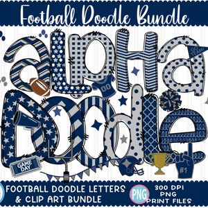 Football Sublimation Doodle Letters png Blue Grey Hand Drawn alpha pack clip art Alphabet A-Z  Numbers Set Sublimate Design png Font