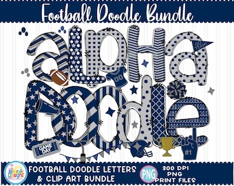 Football Sublimation Doodle Letters png Blue Grey Hand Drawn alpha pack clip art Alphabet A-Z  Numbers Set Sublimate Design png Font