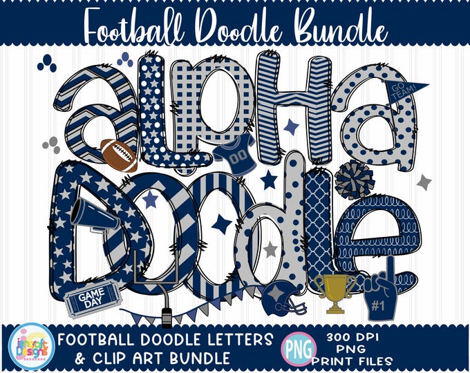 Football Sublimation Doodle Letters png Blue Grey Hand Drawn alpha pack clip art Alphabet A-Z  Numbers Set Sublimate Design png Font