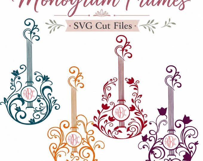 Floral Guitar Monogram SVG, Circle Music Frame, Acoustic Guitar Cricut Cut File PNG DXF Eps