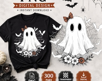 Halloween Lace Ghost PNG, Spooky Coquette Ghost with Bats and Bow, Cute Sublimation Design
