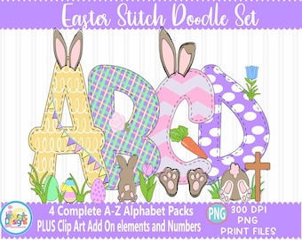 Easter Faux Applique Doodle Letters png Hand Drawn alpha pack Alphabet A - Z Set Sublimate Design Printable png Sublimation Print file