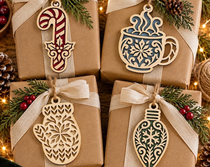 Christmas Hanging Ornament SVG Bundle, Candy Cane Cocoa Mitten Light Bulb Laser Cut Garland