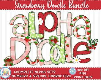 Strawberries alpha png, Strawberry Doodle Alphabet Letters Sublimation Clipart PNG, Summer Berry Patch Fruits. 6 Letters Sets.