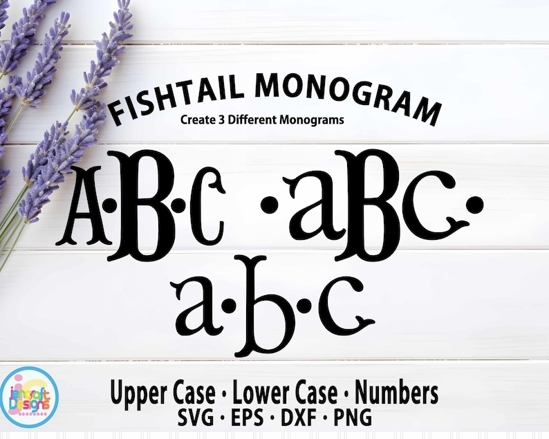 Może przedstawiać: Cyfrowy plik projektowy dla monogramu w kształcie rybiego ogona. Obraz przedstawia litery A, B i C w wielkich i małych literach, z kropką między każdą literą. Tekst "FISHTAIL MONOGRAM" znajduje się w g&oacute;rnej części obrazu. Tekst "Create 3 Different Monograms" znajduje się pod tytułem. Tekst "Upper Case Lower Case Numbers" znajduje się w dolnej części obrazu. Tekst "SVG EPS DXF PNG" znajduje się pod poprzednim tekstem.