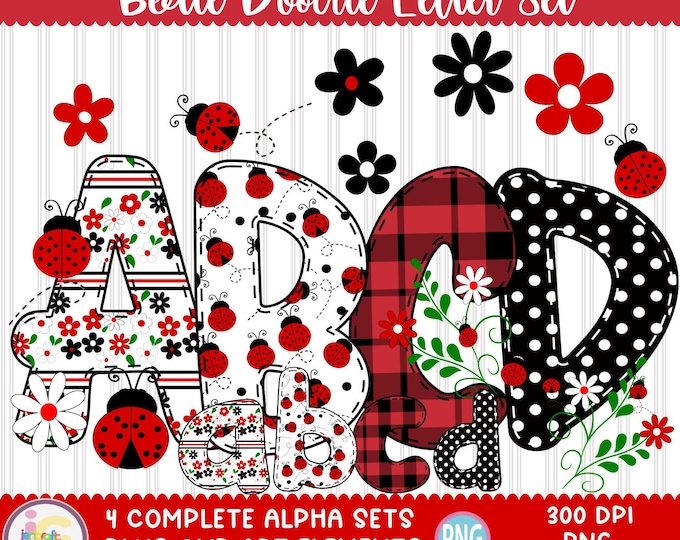 Ladybug Doodle Alphabet: Full Bundle, Bug Clip Art (PNG)