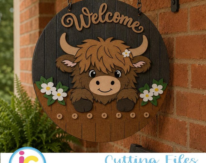 Welcome Sign SVG, Highland Cow, Layered Laser Cut Door Hanger, Farmhouse Round Sign, Glowforge DXF EPS Png Pdf