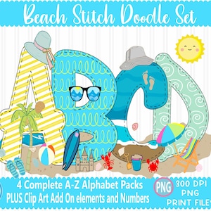 Praia Faux Applique Doodle Letras png Pacote alfa desenhado à mão de verão Alfabeto A - Z Conjunto Numet Design Sublimado Impressão por Sublimação para Impressão