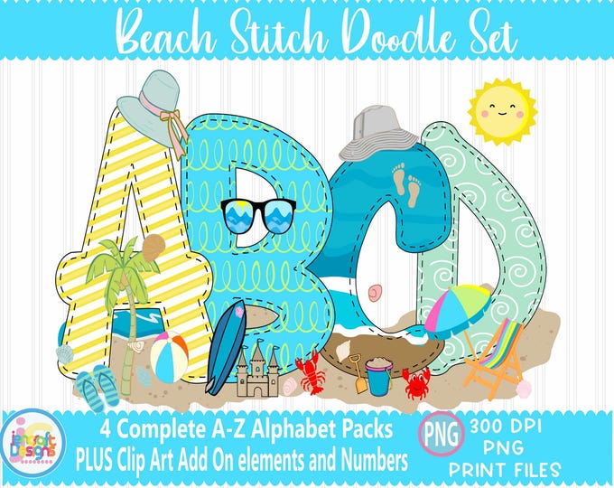 Beach Faux Applique Doodle Letters png Summer Hand Drawn alpha pack Alphabet A - Z  Numet Set Sublimate Design Printable Sublimation Print