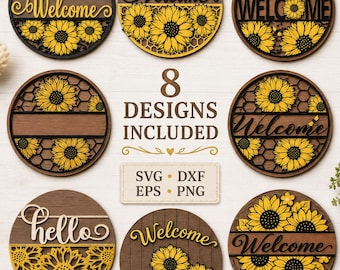 Summer Sunflower Door Sign SVG, Fall Door Hanger Laser Cut File, Round Flower Butterfly Welcome Sign, Glowforge xTool DXF EPS Png Pdf