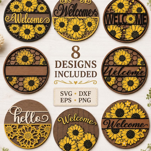 Sunflower Door Hanger SVG Bundle, Summer Welcome Sign Laser Cut Files, Bee Butterfly Glowforge DXF