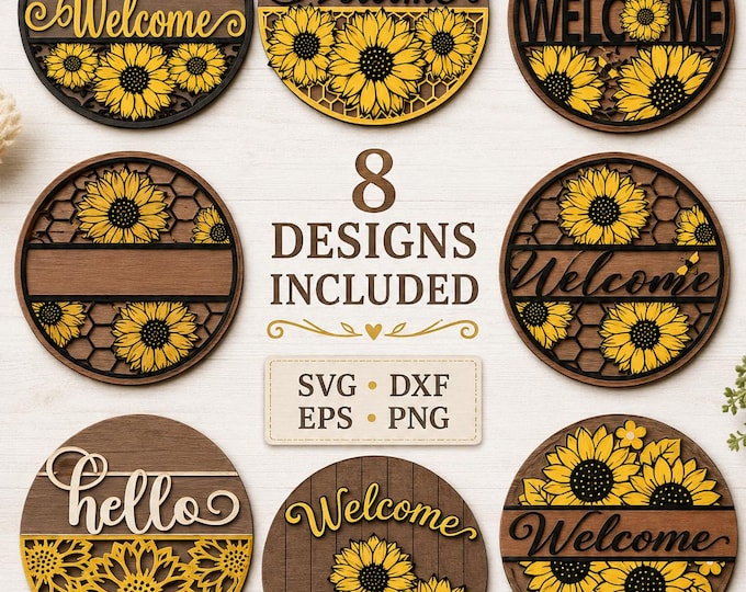 Summer Sunflower Door Sign SVG, Fall Door Hanger Laser Cut File, Round Flower Butterfly Welcome Sign, Glowforge xTool DXF EPS Png Pdf