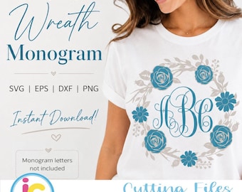 Floral Wreath Monogram SVG, Flower Circle Frame Cut File for Cricut Silhouette, Wedding Shirt Decal, DXF Eps Png