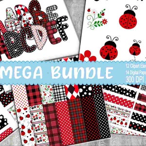 LadyBug Scrapbook Mega Bundle, lettere Lady Bug, clipart Lady Bug di carta digitale, bordi, nastro washi, clip art, alfabeto doodle Love Bug