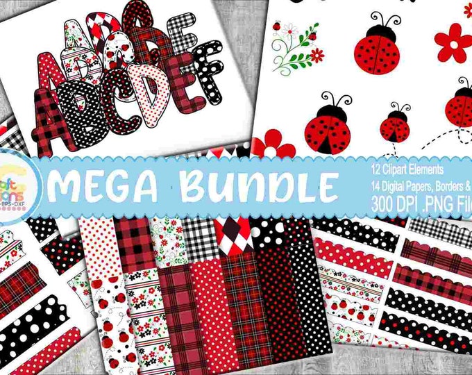 LadyBug Scrapbook Mega Bundle, Lady bug letters,Digital paper Lady Bug clipart, borders, washi tape, clip art, doodle alphabet Love Bug