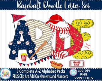 Baseball faux applique Doodle Letters Alphabet Bundle PNG Hand Drawn Alpha Pack Digital Download Sublimation Digital Design PNG
