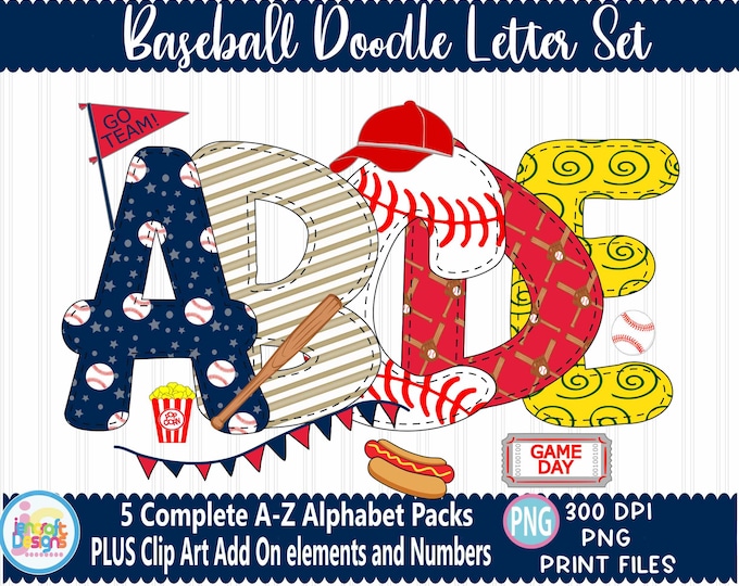 Baseball faux applique Doodle Letters Alphabet Bundle PNG Hand Drawn Alpha Pack Digital Download Sublimation Digital Design PNG