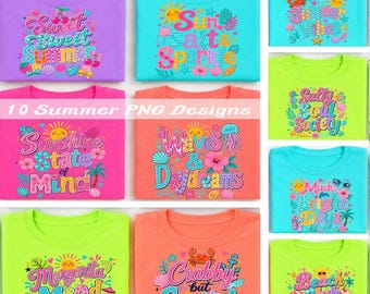Neon Summer PNG Bundle, 10 Beach Sublimation Designs, Bright Vacation Shirt Graphics, Digital Download