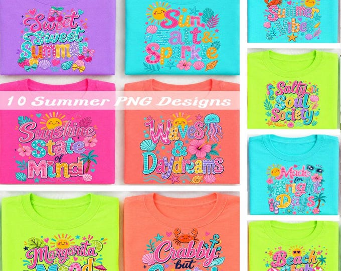 Neon Summer PNG Bundle, 10 Beach Sublimation Designs, Bright Vacation Shirt Graphics, Digital Download