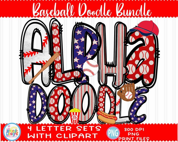 Baseball Doodle Letters with Clip Art png Hand Drawn alpha pack Alphabet A - Z Set Sublimate Design Printable png Font Pink White Font