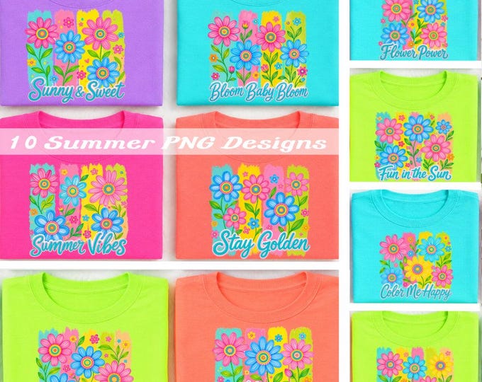 Summer Vibes PNG Bundle, 10 Bright Floral Sublimation Design, Watercolor Daisy Shirt Graphic, Digital Download