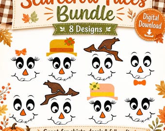 Scarecrow Face SVG Bundle | Fall Thanksgiving Cut File | Cute Scarecrow Shirt SVG for Cricut, Silhouette, PNG Dxf Eps