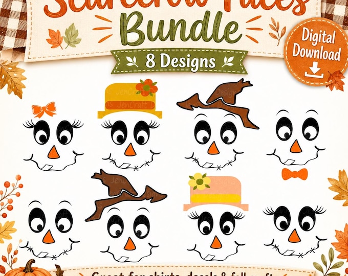 Scarecrow Face SVG Bundle | Fall Thanksgiving Cut File | Cute Scarecrow Shirt SVG for Cricut, Silhouette, PNG Dxf Eps