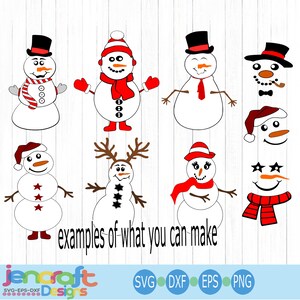 May include: A digital collection of snowman illustrations featuring various accessories like top hats, scarves, beanies, and antlers. The characters are rendered in white with black, red, and orange accents. The text reads examples of what you can make.
