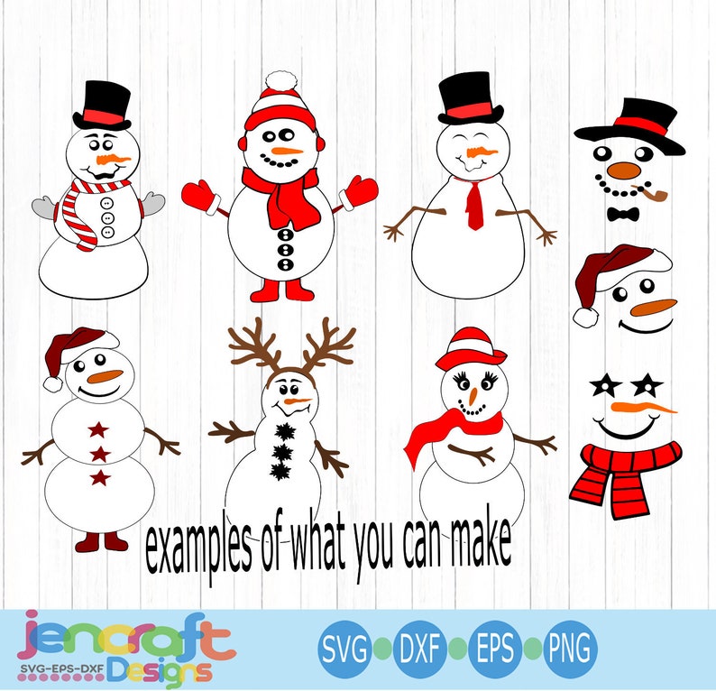 May include: A digital collection of snowman illustrations featuring various accessories like top hats, scarves, beanies, and antlers. The characters are rendered in white with black, red, and orange accents. The text reads examples of what you can make.