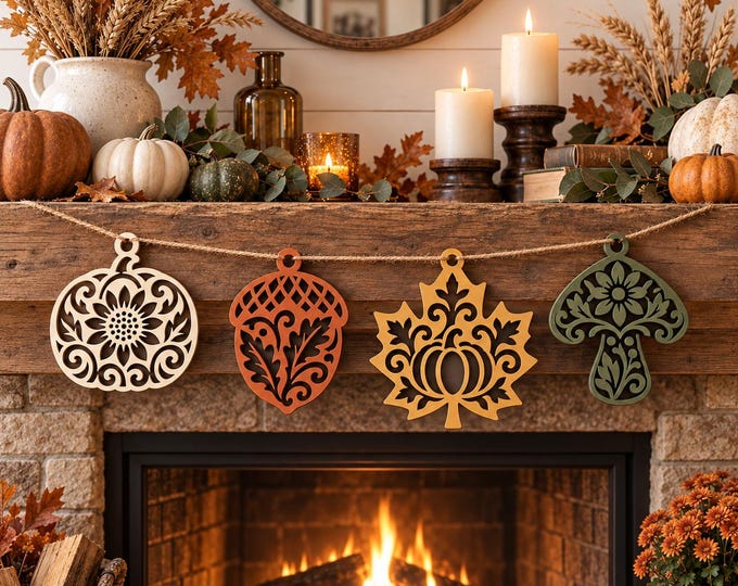Fall Lace Ornament SVG Bundle, Pumpkin Acorn Maple Leaf Mushroom Laser Cut Files, Thanksgiving Garland, Autumn Wood Decor