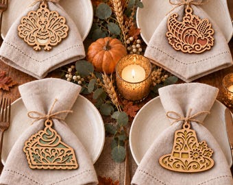 Thanksgiving Hanging Ornament SVG Bundle, Turkey Cornucopia Pie Pilgrim Hat Laser Cut Garland