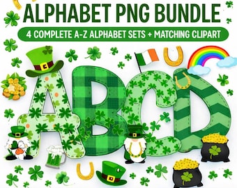 St. Patrick's Day Doodle Alphabet PNG Bundle • Gestickte grüne Buchstaben Clipart (Digitaler Download)