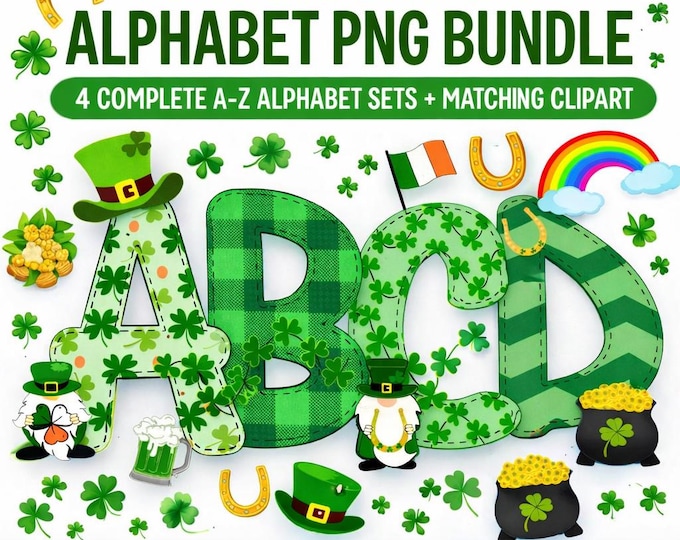 St. Patrick’s Day Doodle Alphabet PNG • Stitched Green Letters Clipart • Irish Alphabet Bundle • St. Patty’s Day Sublimation PNG